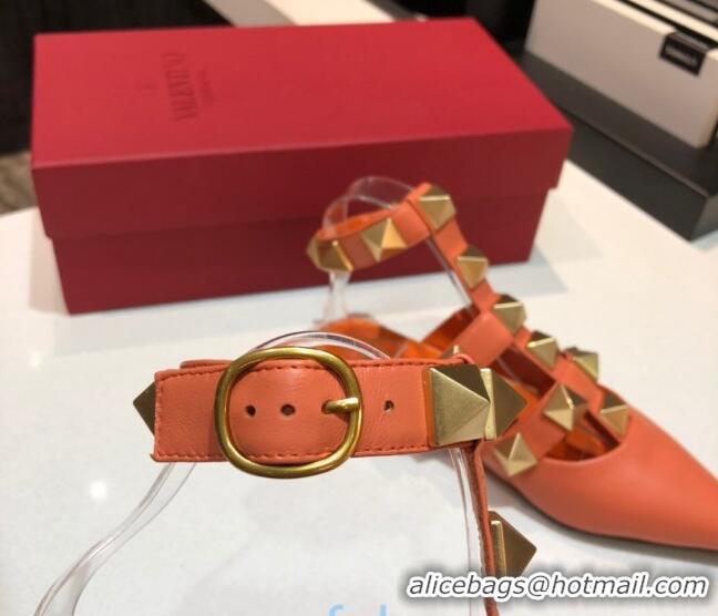 Best Grade Valentino Roman Stud Lambskin Strap Flat Mules 010879 Orange