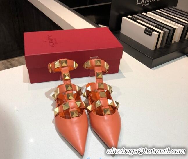 Best Grade Valentino Roman Stud Lambskin Strap Flat Mules 010879 Orange