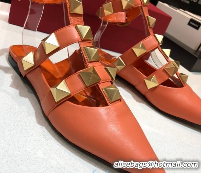 Best Grade Valentino Roman Stud Lambskin Strap Flat Mules 010879 Orange