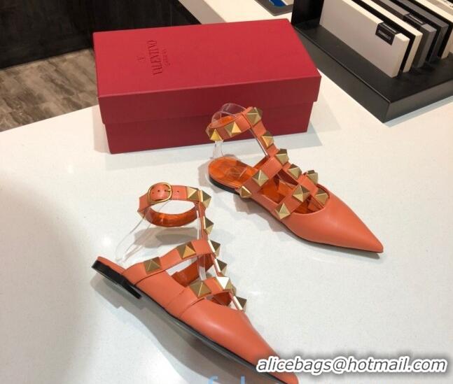 Best Grade Valentino Roman Stud Lambskin Strap Flat Mules 010879 Orange