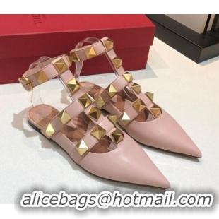 Unique Style Valentino Roman Stud Lambskin Strap Flat Mules 010879 Nude Pink