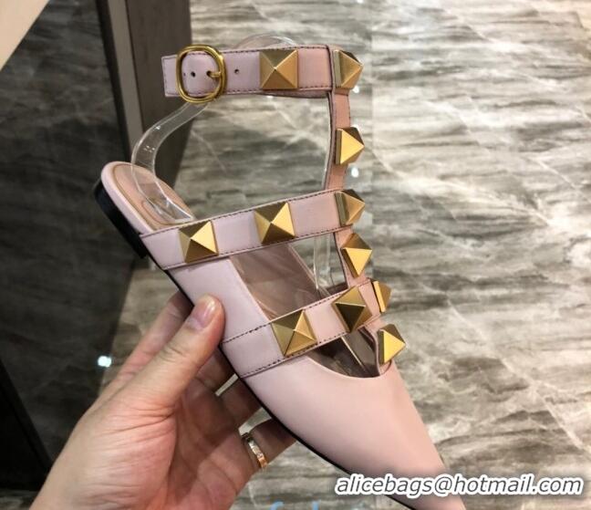 Unique Style Valentino Roman Stud Lambskin Strap Flat Mules 010879 Nude Pink