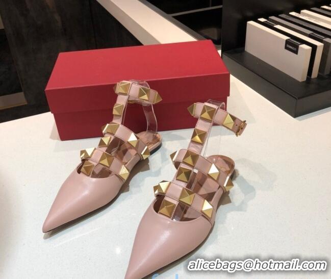 Unique Style Valentino Roman Stud Lambskin Strap Flat Mules 010879 Nude Pink