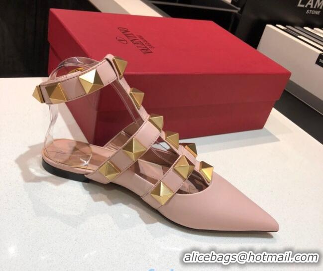 Unique Style Valentino Roman Stud Lambskin Strap Flat Mules 010879 Nude Pink