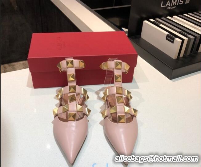 Unique Style Valentino Roman Stud Lambskin Strap Flat Mules 010879 Nude Pink