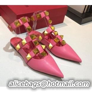 Super Quality Valentino Roman Stud Lambskin Strap Flat Mules 010879 Hot Pink