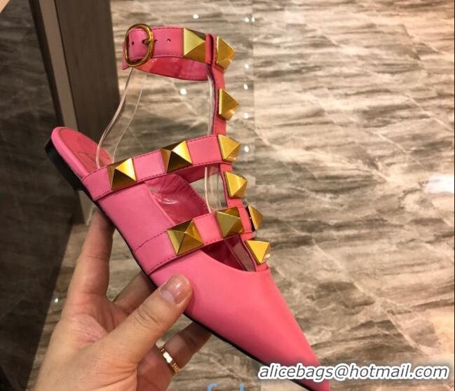 Super Quality Valentino Roman Stud Lambskin Strap Flat Mules 010879 Hot Pink