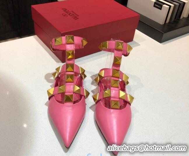 Super Quality Valentino Roman Stud Lambskin Strap Flat Mules 010879 Hot Pink