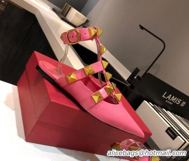 Super Quality Valentino Roman Stud Lambskin Strap Flat Mules 010879 Hot Pink