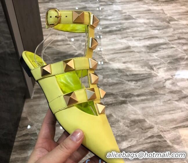 Good Looking Valentino Roman Stud Lambskin Strap Flat Mules 010879 Yellow