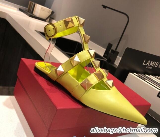 Good Looking Valentino Roman Stud Lambskin Strap Flat Mules 010879 Yellow