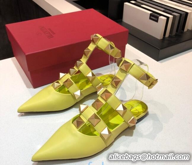 Good Looking Valentino Roman Stud Lambskin Strap Flat Mules 010879 Yellow