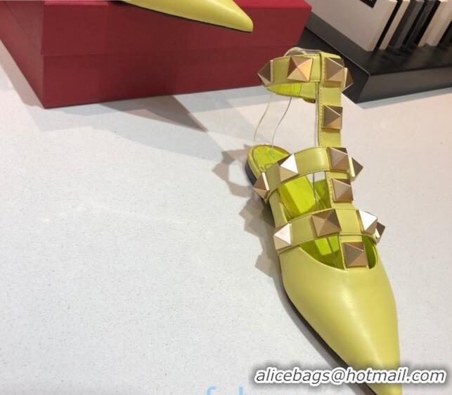 Good Looking Valentino Roman Stud Lambskin Strap Flat Mules 010879 Yellow