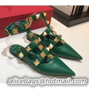 Perfect Valentino Roman Stud Lambskin Strap Flat Mules 010879 Green