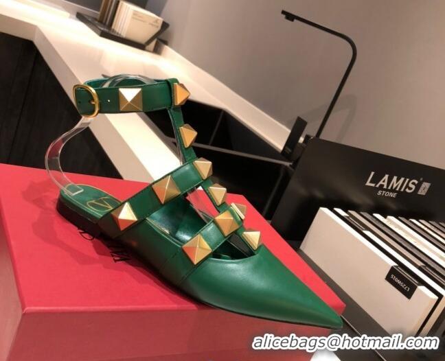 Perfect Valentino Roman Stud Lambskin Strap Flat Mules 010879 Green