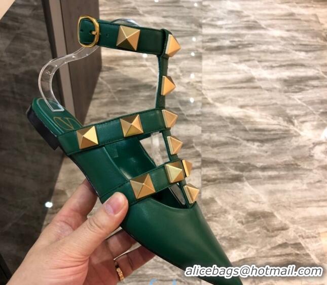 Perfect Valentino Roman Stud Lambskin Strap Flat Mules 010879 Green