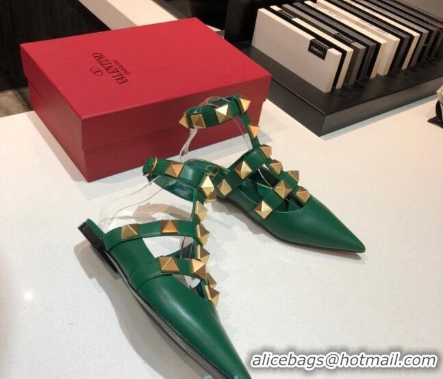 Perfect Valentino Roman Stud Lambskin Strap Flat Mules 010879 Green