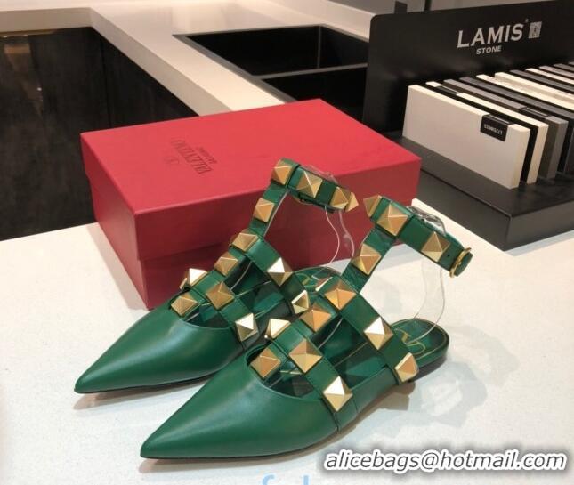 Perfect Valentino Roman Stud Lambskin Strap Flat Mules 010879 Green