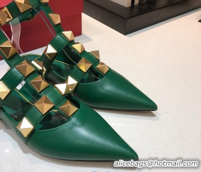 Perfect Valentino Roman Stud Lambskin Strap Flat Mules 010879 Green