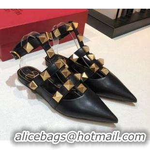 Good Quality Valentino Roman Stud Lambskin Strap Flat Mules 010879 Black 