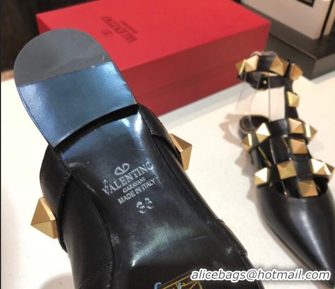 Good Quality Valentino Roman Stud Lambskin Strap Flat Mules 010879 Black 