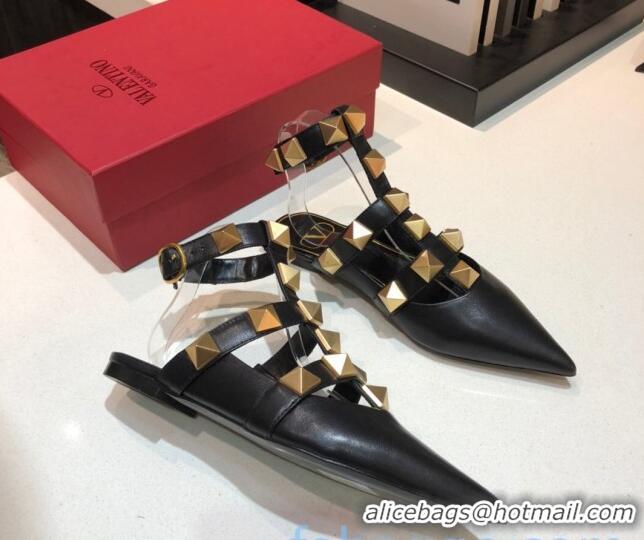 Good Quality Valentino Roman Stud Lambskin Strap Flat Mules 010879 Black 