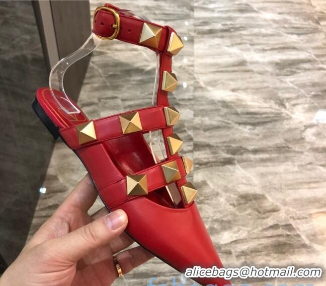 Top Design Valentino Roman Stud Lambskin Strap Flat Mules 010879 Red