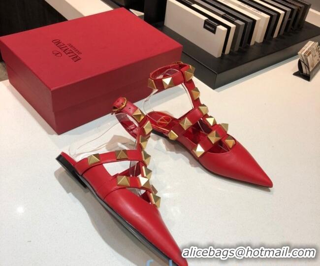 Top Design Valentino Roman Stud Lambskin Strap Flat Mules 010879 Red