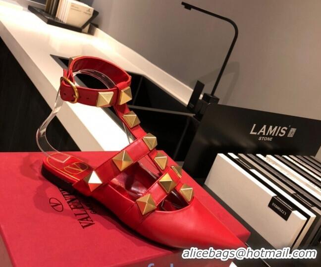 Top Design Valentino Roman Stud Lambskin Strap Flat Mules 010879 Red