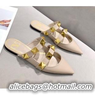 Grade Quality Valentino Roman Stud Calfskin Flat Mules 010888 Nude 2021