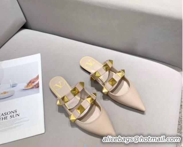 Grade Quality Valentino Roman Stud Calfskin Flat Mules 010888 Nude 2021