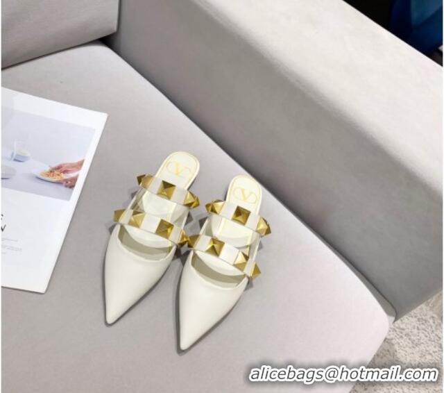 Good Quality Valentino Roman Stud Calfskin Flat Mules 010888 White 2021