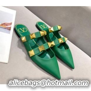 Top Quality Valentino Roman Stud Calfskin Flat Mules 010888 Green 2021