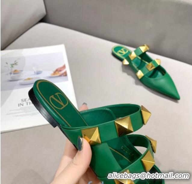 Top Quality Valentino Roman Stud Calfskin Flat Mules 010888 Green 2021