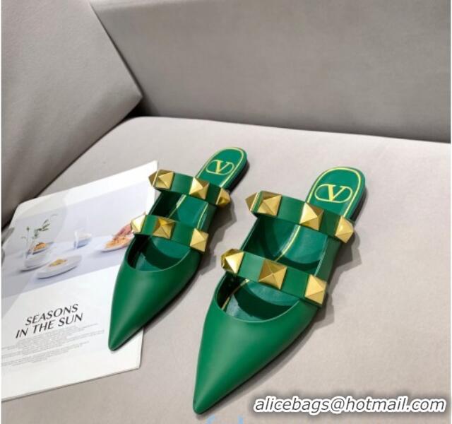 Top Quality Valentino Roman Stud Calfskin Flat Mules 010888 Green 2021