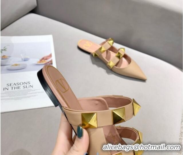 Popular Valentino Roman Stud Calfskin Flat Mules 010888 Apricot 2021