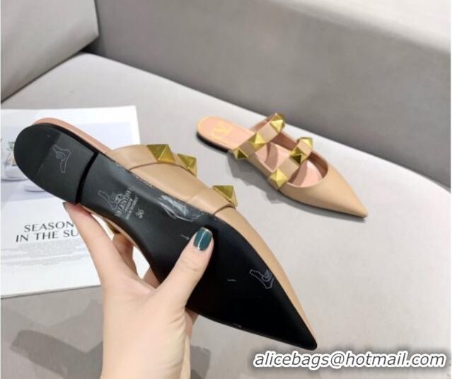 Popular Valentino Roman Stud Calfskin Flat Mules 010888 Apricot 2021