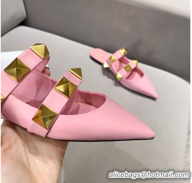 Best Product Valentino Roman Stud Calfskin Flat Mules 010888 Pink 2021