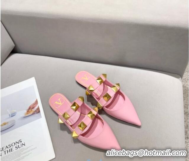 Best Product Valentino Roman Stud Calfskin Flat Mules 010888 Pink 2021