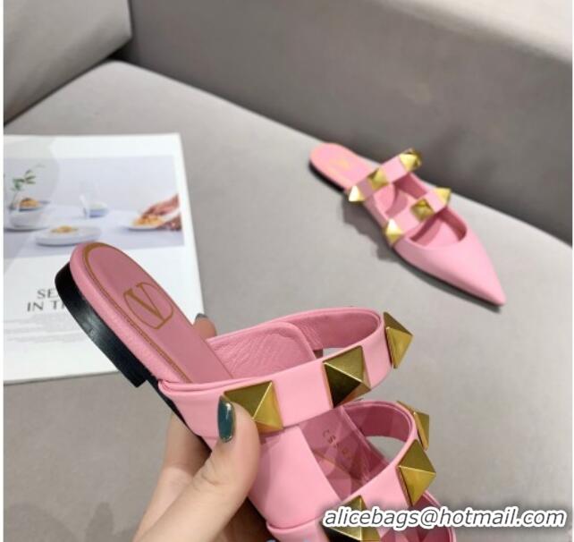 Best Product Valentino Roman Stud Calfskin Flat Mules 010888 Pink 2021