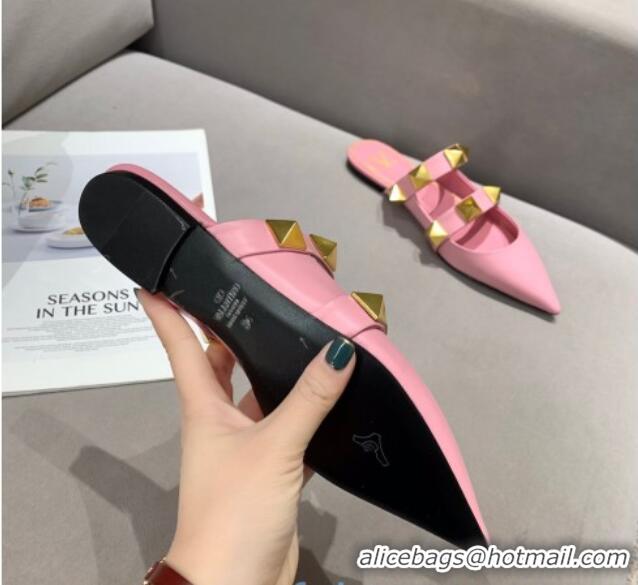 Best Product Valentino Roman Stud Calfskin Flat Mules 010888 Pink 2021