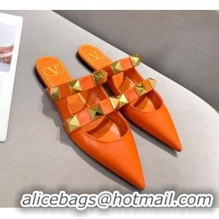 Luxury Cheap Valentino Roman Stud Calfskin Flat Mules 010888 Orange 2021