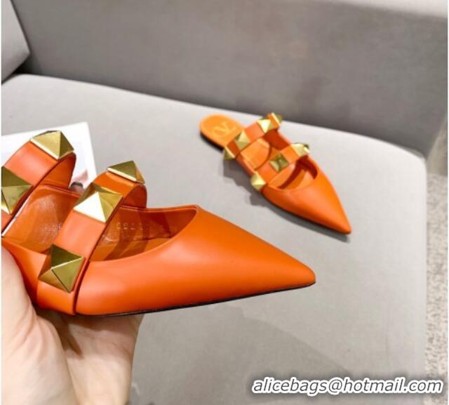 Luxury Cheap Valentino Roman Stud Calfskin Flat Mules 010888 Orange 2021