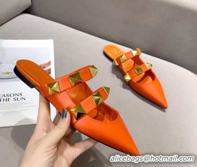 Luxury Cheap Valentino Roman Stud Calfskin Flat Mules 010888 Orange 2021