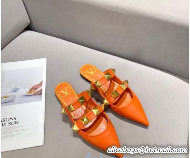 Luxury Cheap Valentino Roman Stud Calfskin Flat Mules 010888 Orange 2021