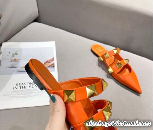 Luxury Cheap Valentino Roman Stud Calfskin Flat Mules 010888 Orange 2021