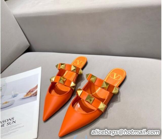 Luxury Cheap Valentino Roman Stud Calfskin Flat Mules 010888 Orange 2021