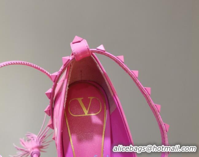 Discount Valentino Roman Stud Shiny Lambskin 5cm Pumps with Tassel Strap 011177 Pink