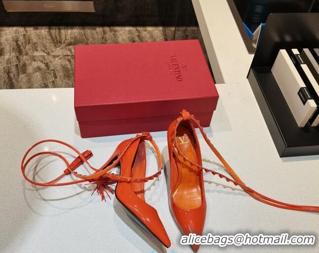 Low Price Valentino Roman Stud Shiny Lambskin 5cm Pumps with Tassel Strap 011177 Orange