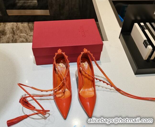 Low Price Valentino Roman Stud Shiny Lambskin 5cm Pumps with Tassel Strap 011177 Orange